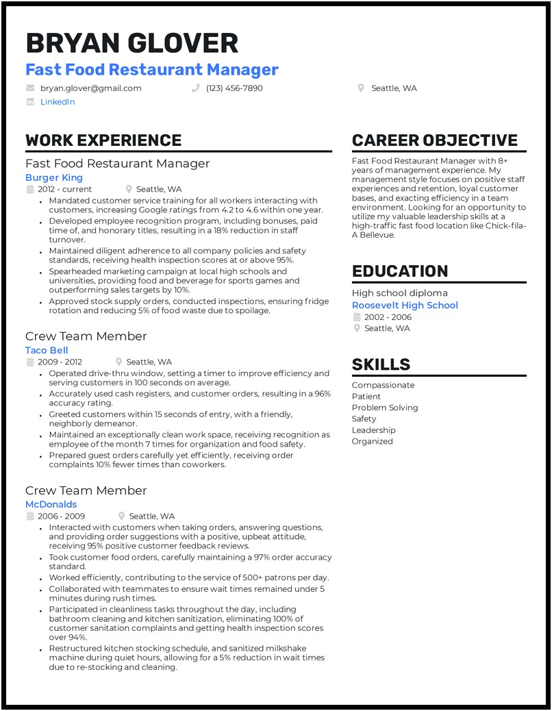 Example Resume Restaurant General Manager