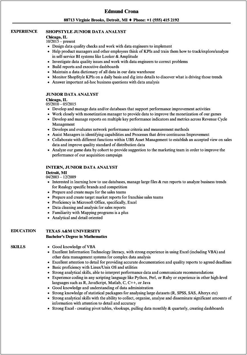 Example Resume Summary Data Analyst