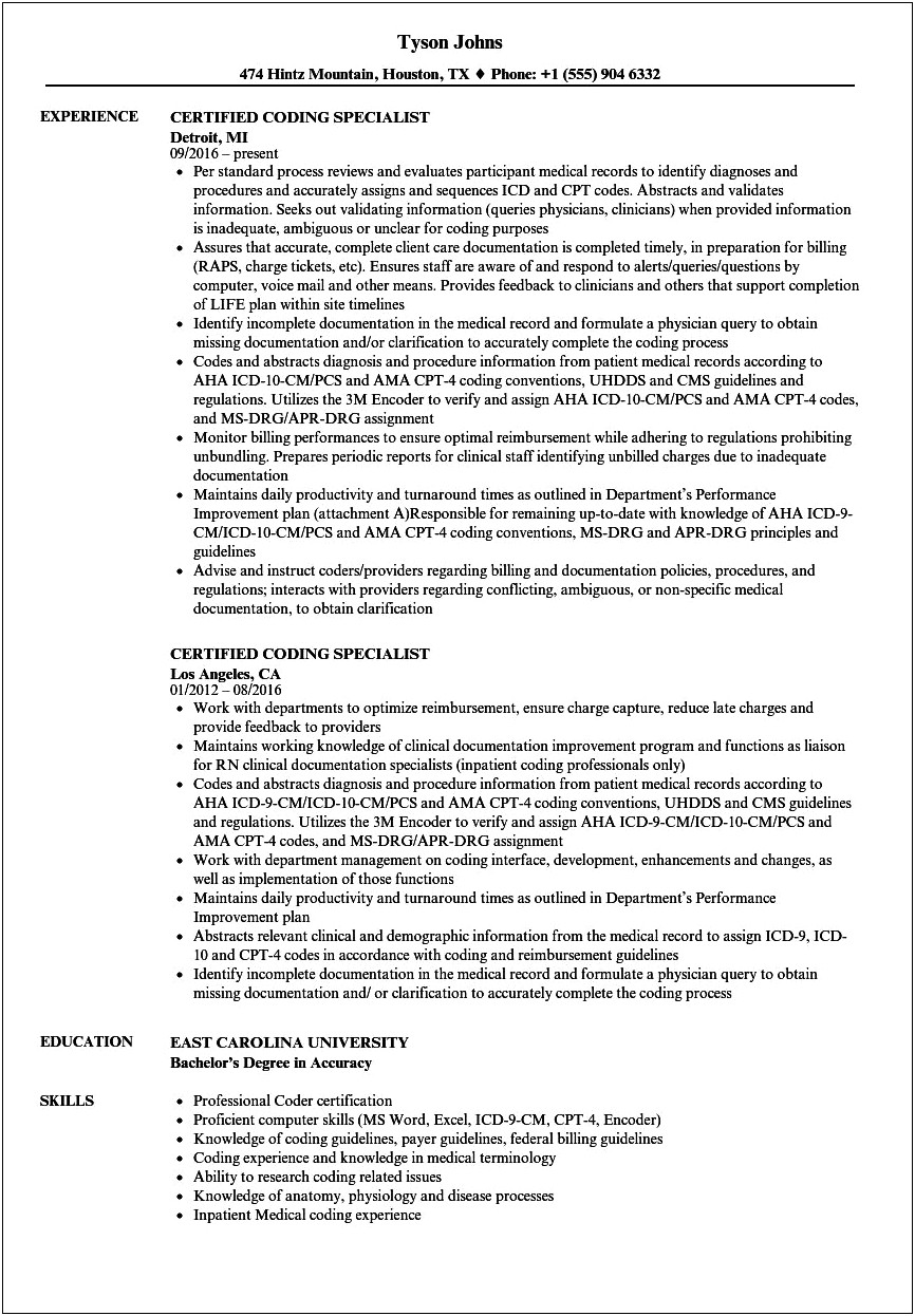 Example Resume Summary For A Cpc A