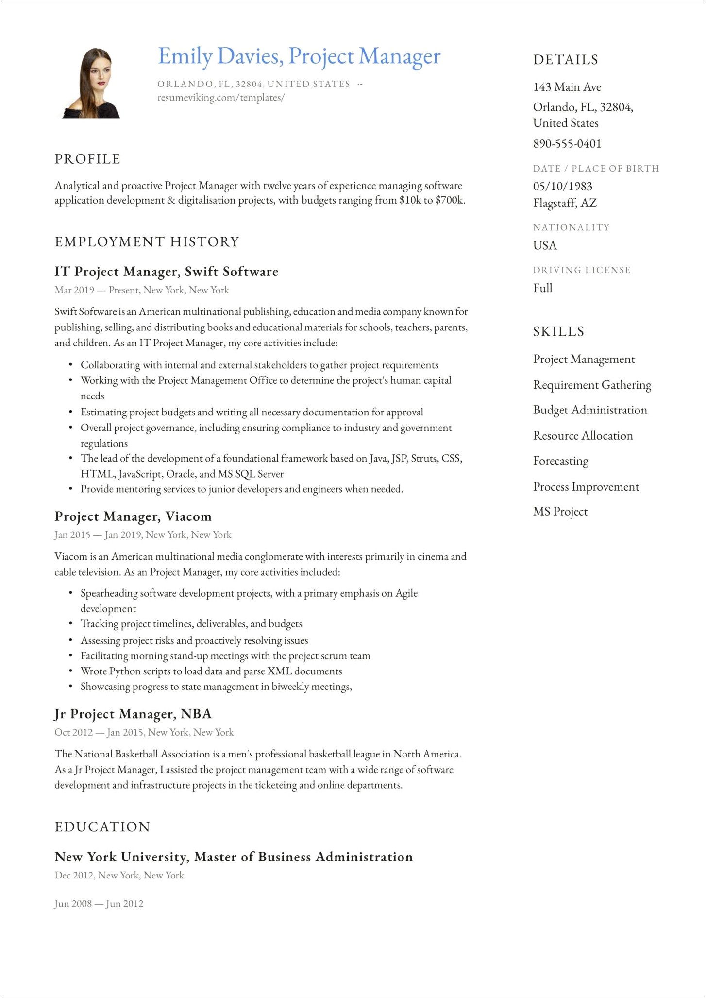 Example Resume Summary For Project Management