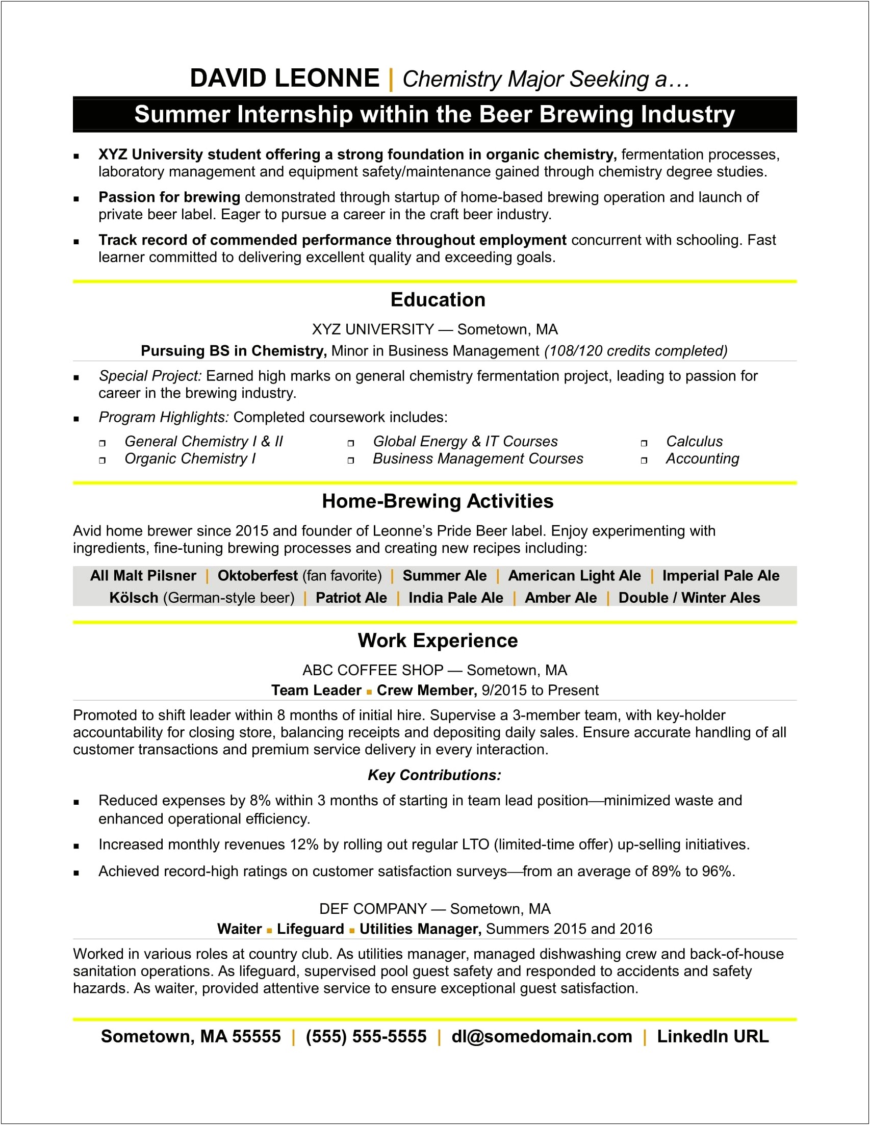 Example Resume While In Collge For Intership