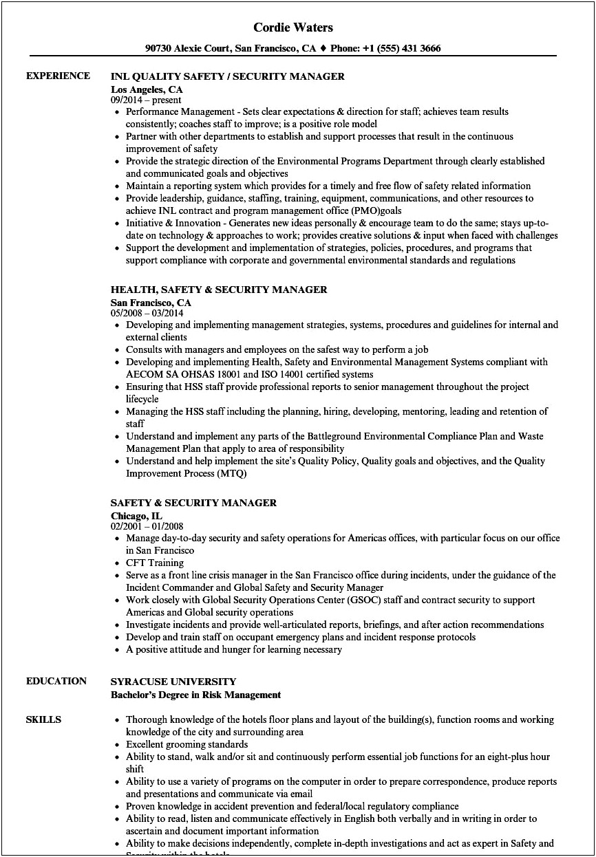 Example Safety Assistant Manager Resume