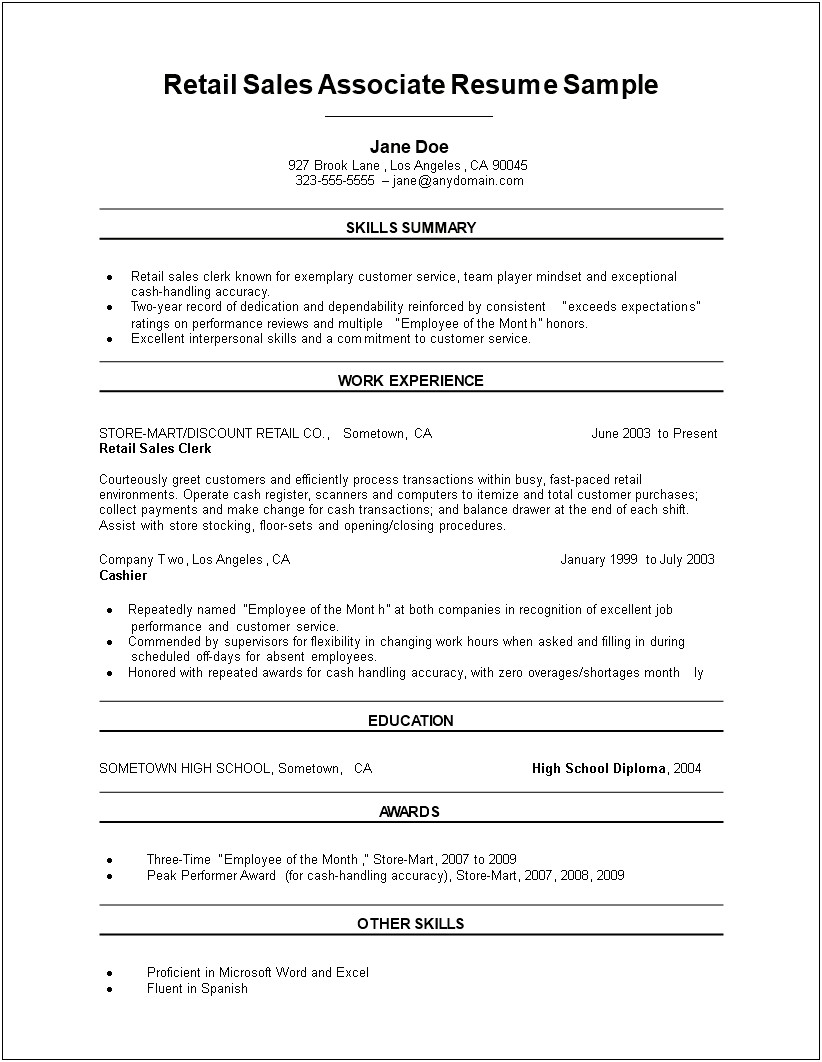 Example Sales Associate Job Resume