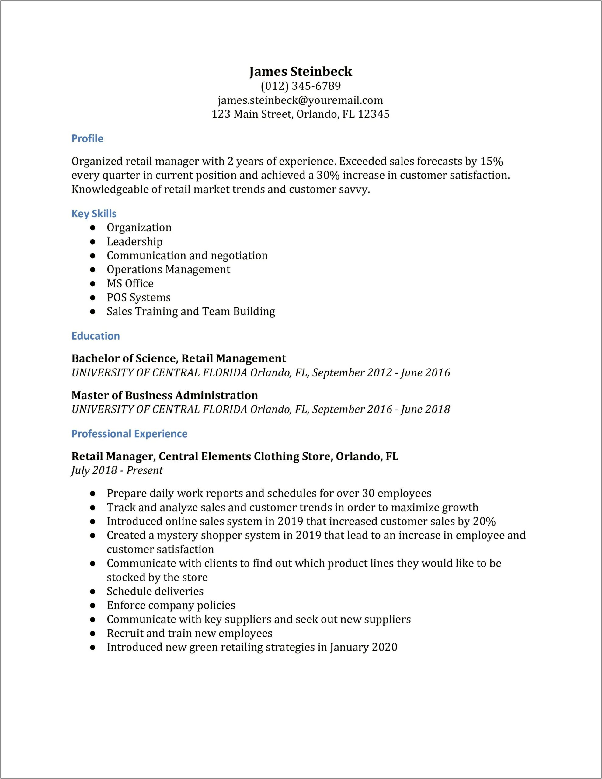 Example Store Operations Executive Resume