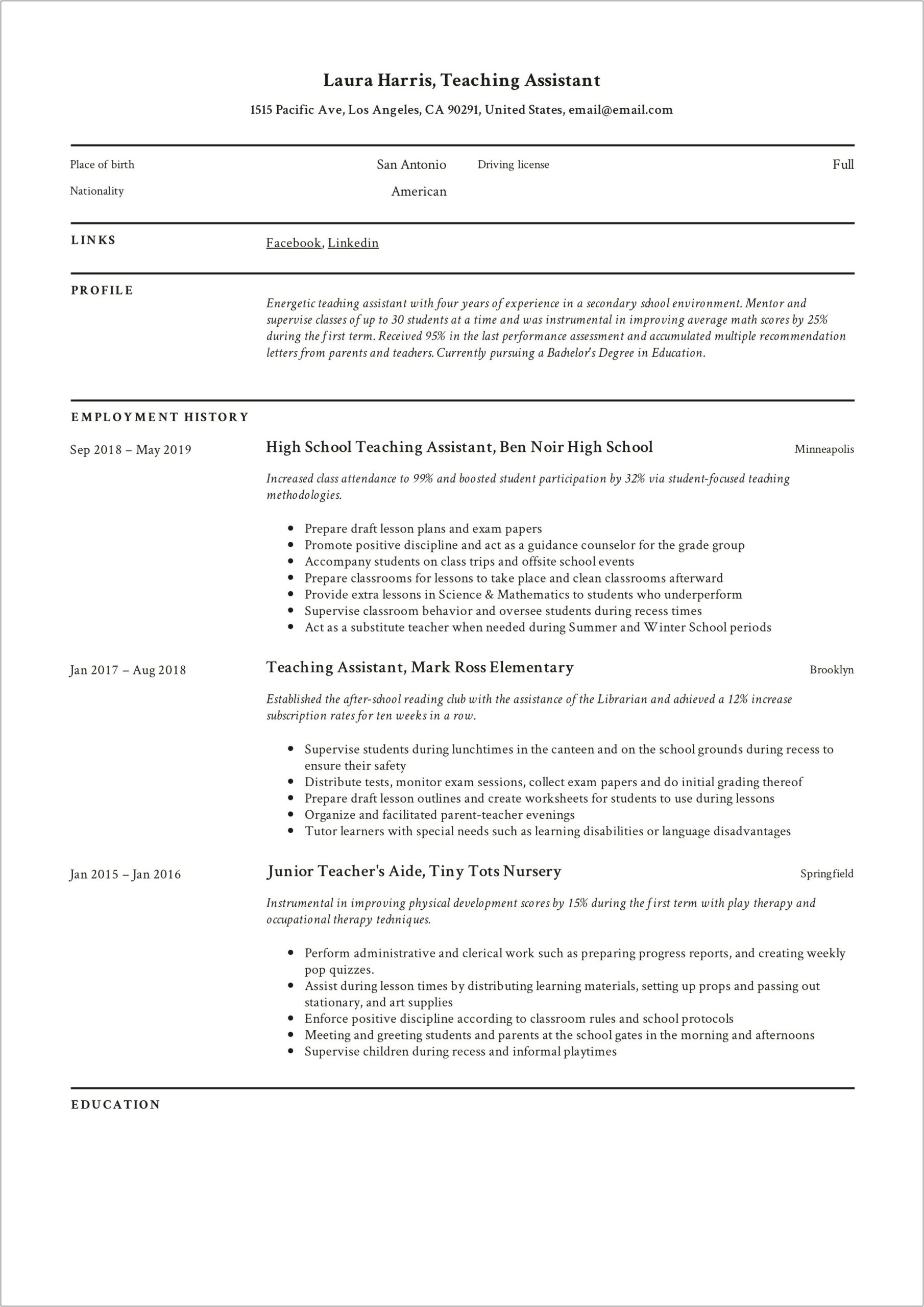 Example Summary For Resume For Teacher Assistant