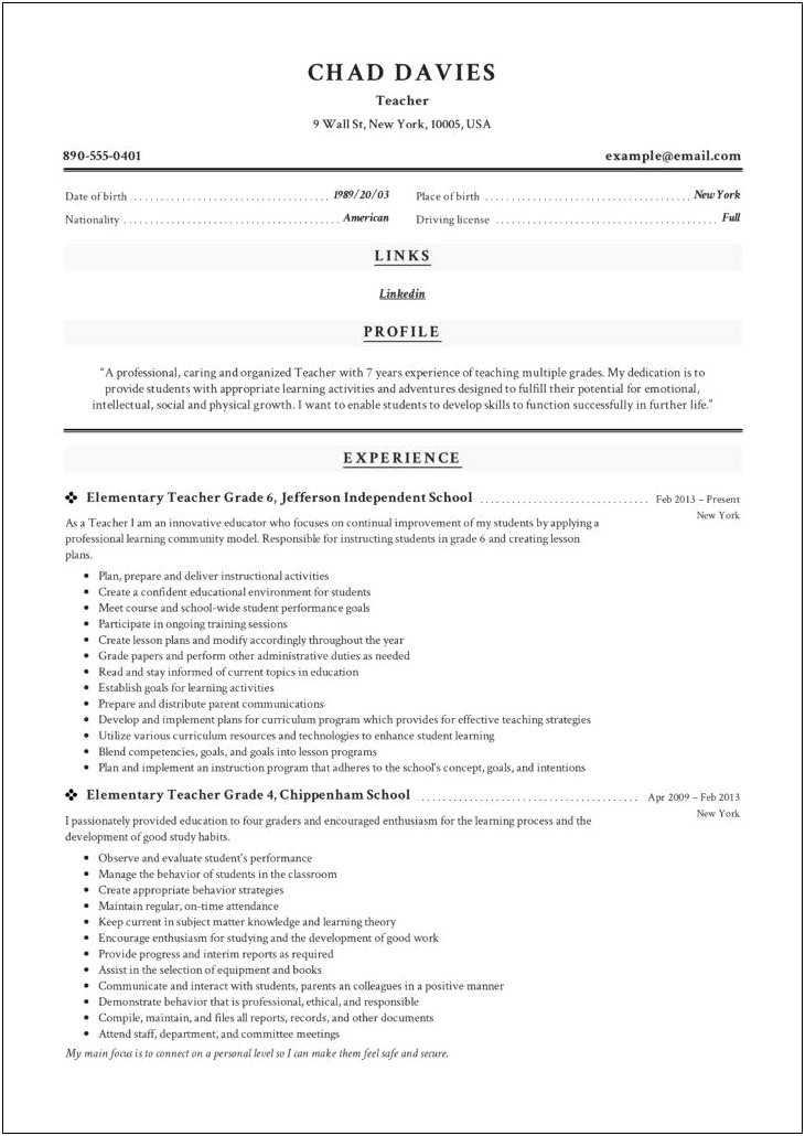 Example Teacher Resume With Experience