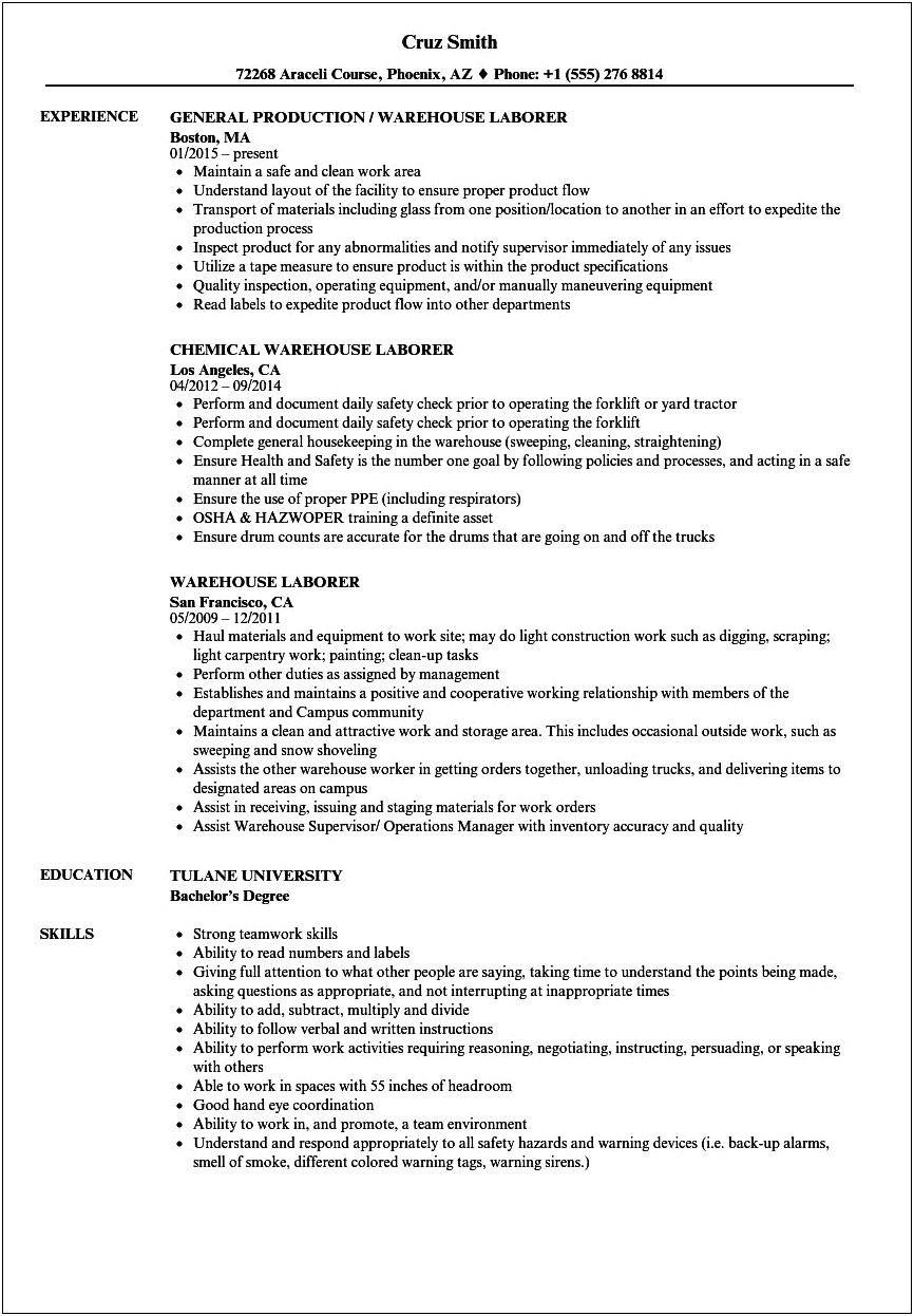 Example Temporary Freight Laborer Resume