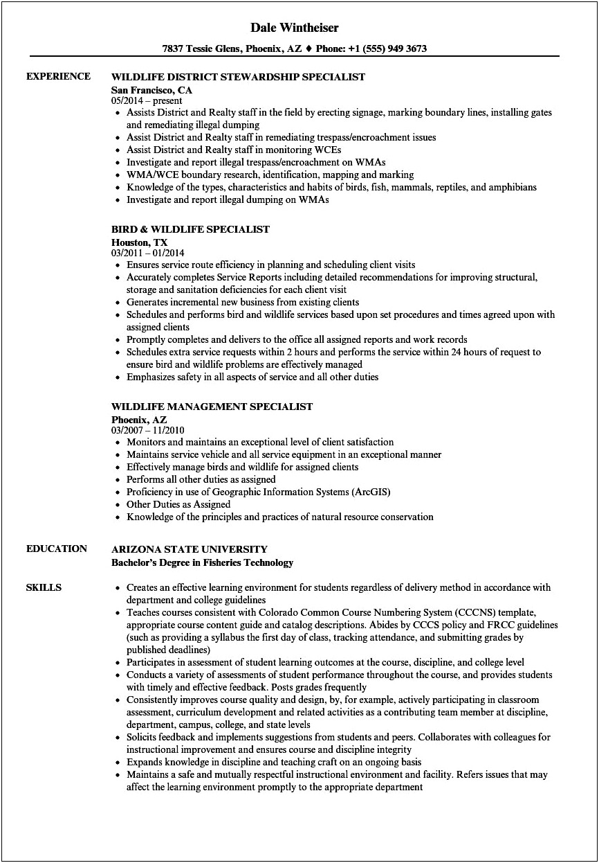 Example Usajobs Resume For Fish And Wildlife