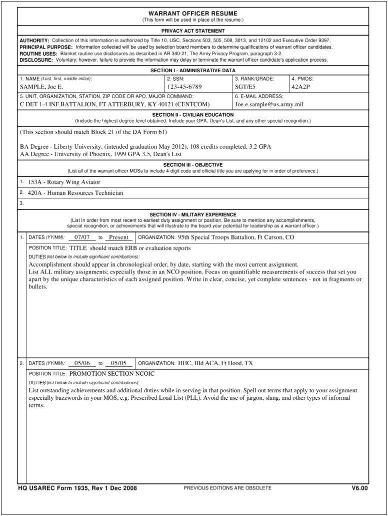 Example Warrant Officer Resume Summary