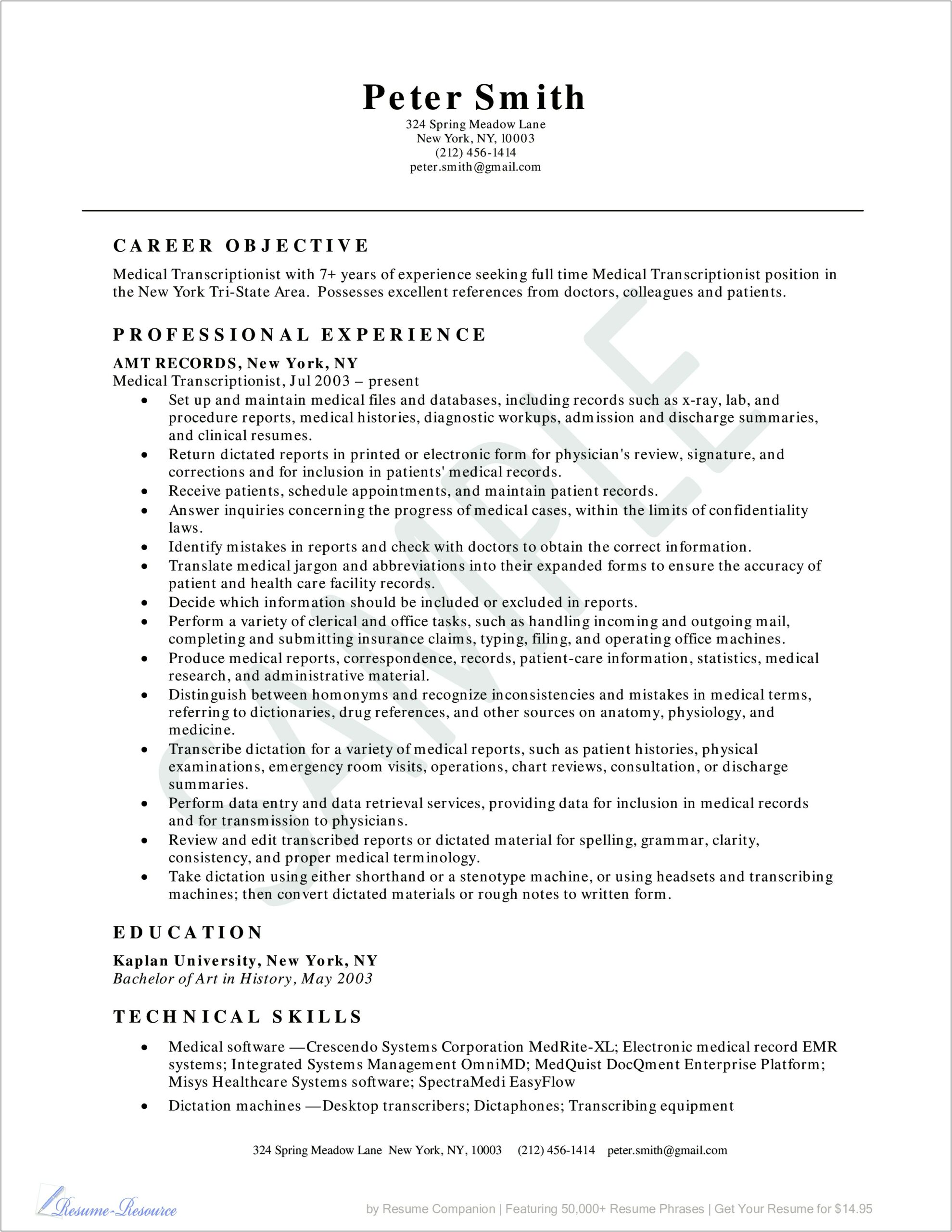 Examples For Objective In A Medical Resume