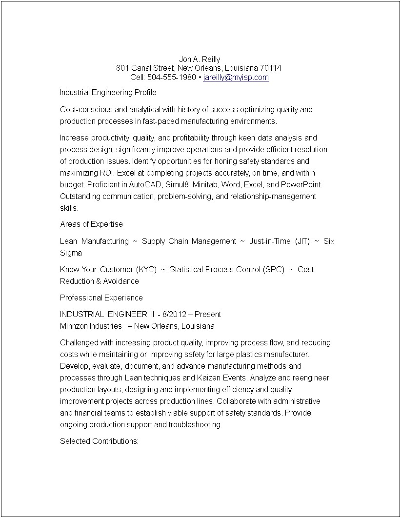 Examples For Resume Industrial Engineers Logistics Chief