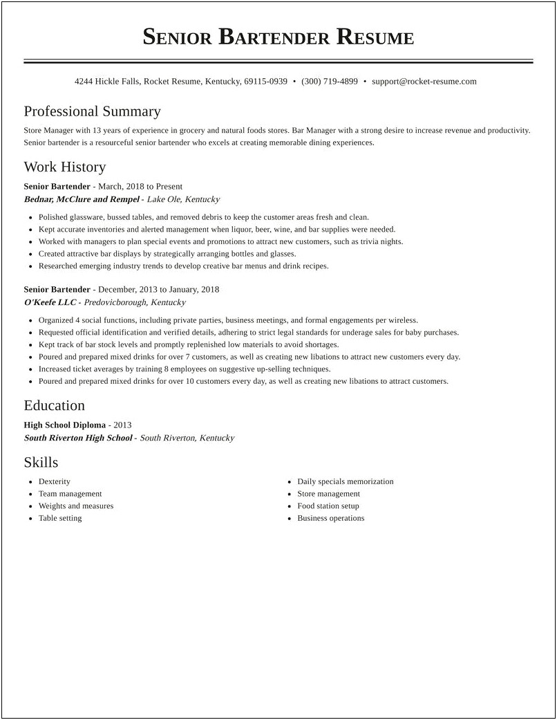 Examples Of A Bartender Resume