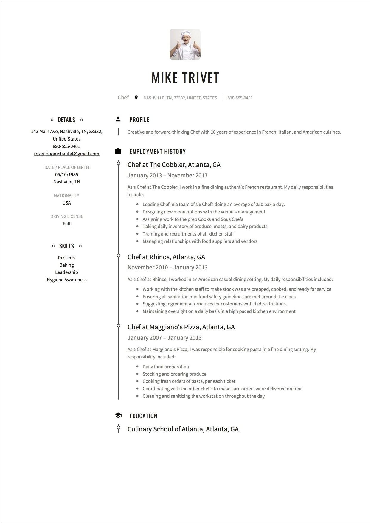 Examples Of A Chefs Resume