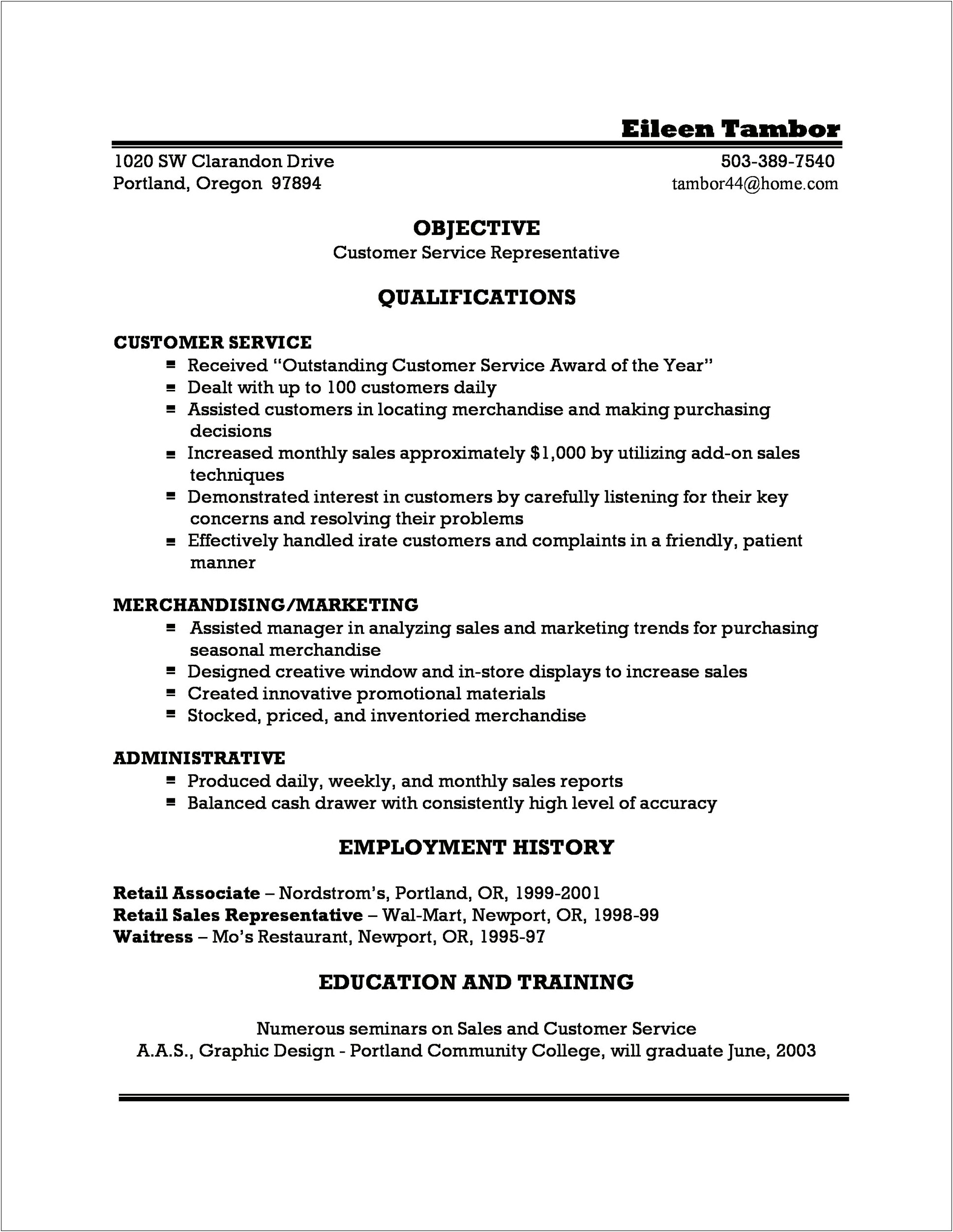 Examples Of A Functional Resume For Customer Service