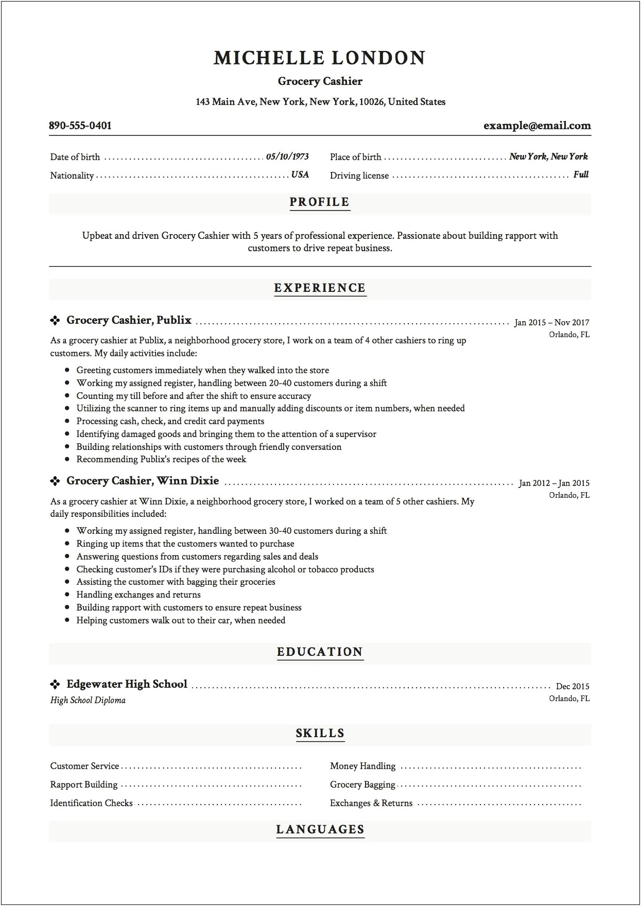 Examples Of A Resume For A Cashier