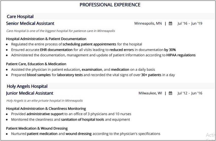 Examples Of A Resume For A Medical Assistant