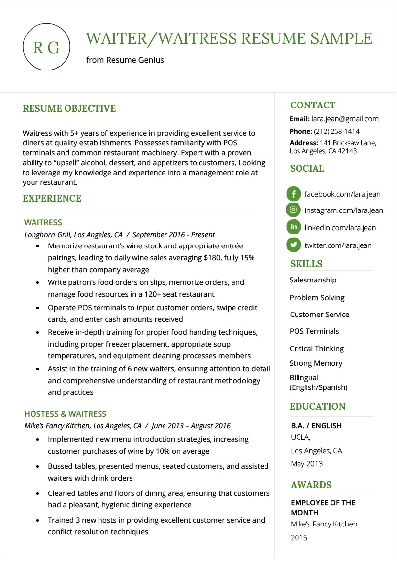 Examples Of A Resume For A Waitress