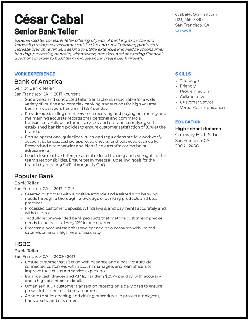 Examples Of A Teller Resume