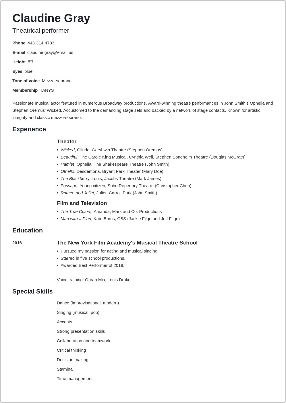 Examples Of A Theatre Tech Resumes