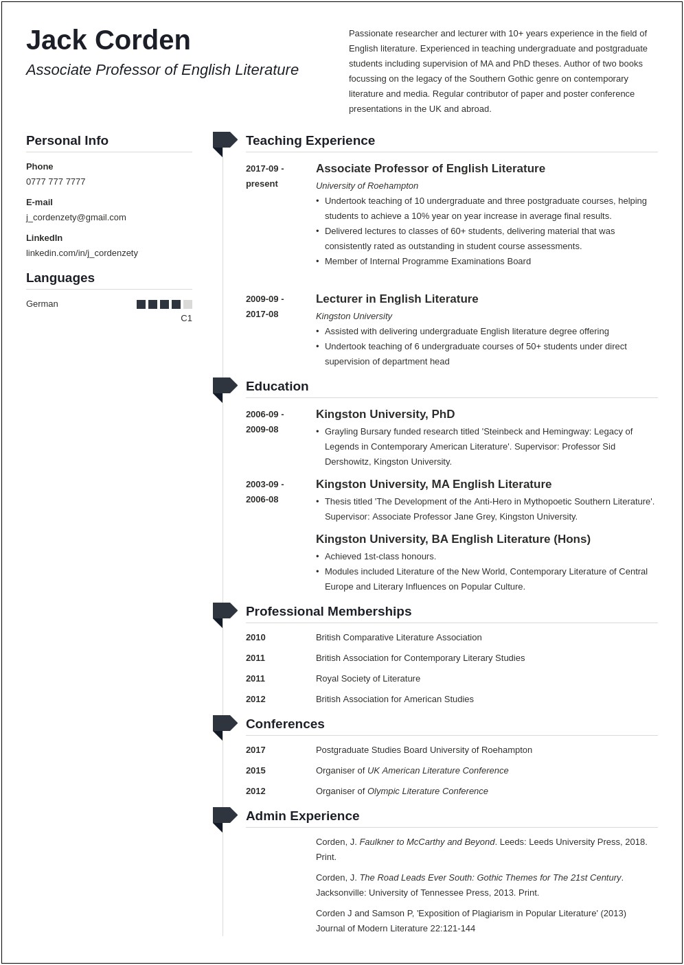 Examples Of Academic Cv To Resume
