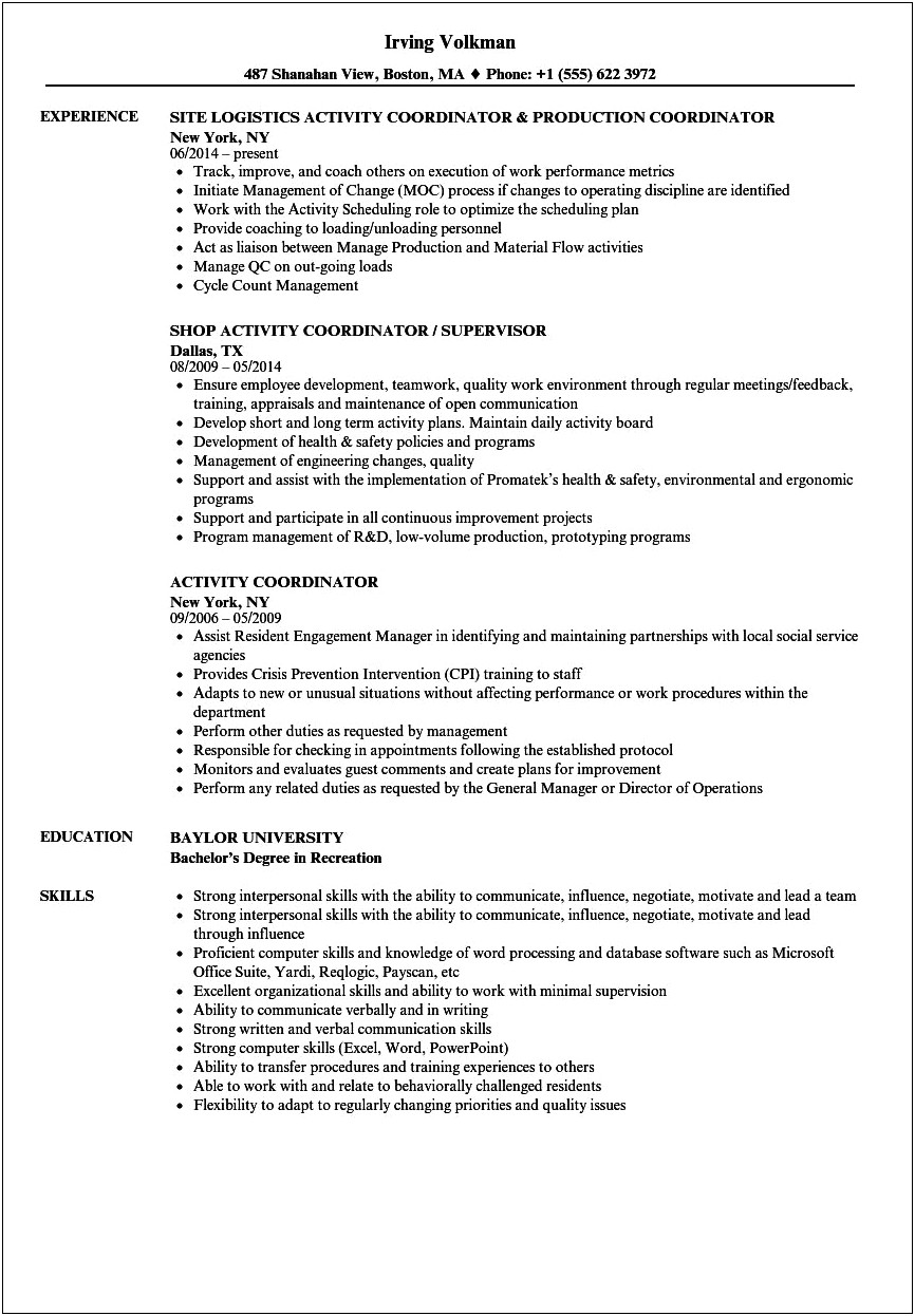 Examples Of Activities On A Resume