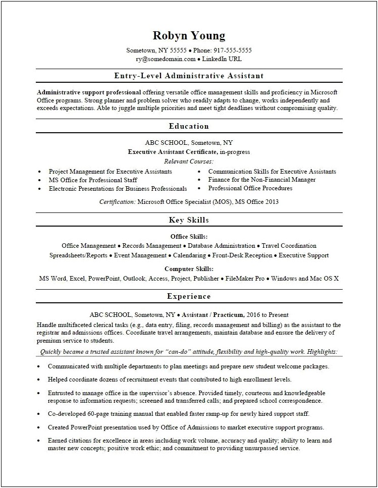 Examples Of Administrative Position Resumes
