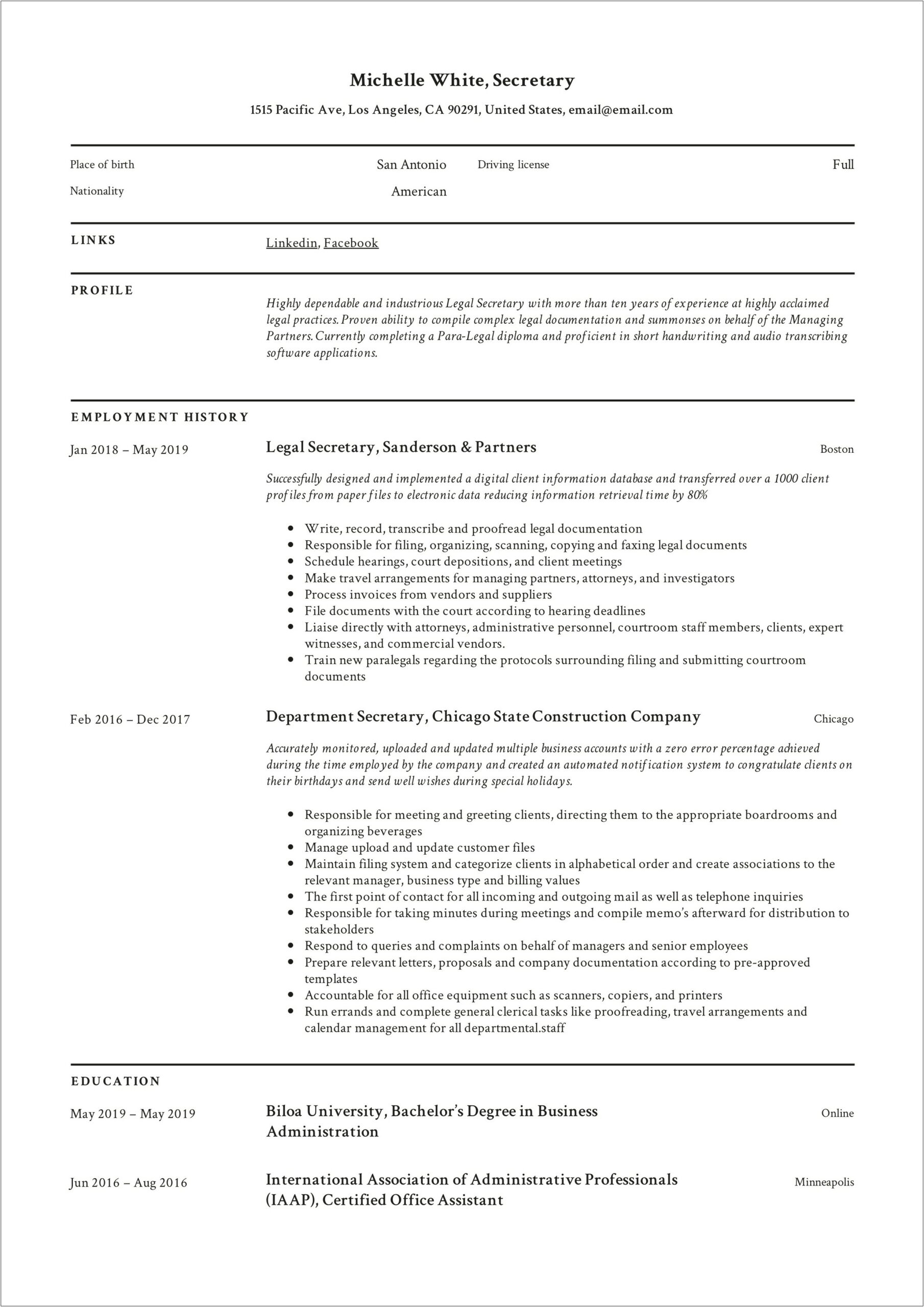 Examples Of Administrative Secretary Resume