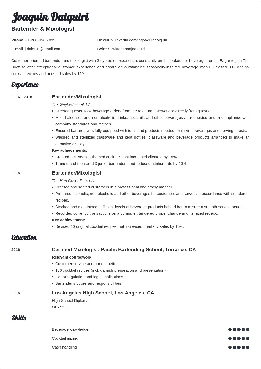 Examples Of Bartender Resumes With No Experience