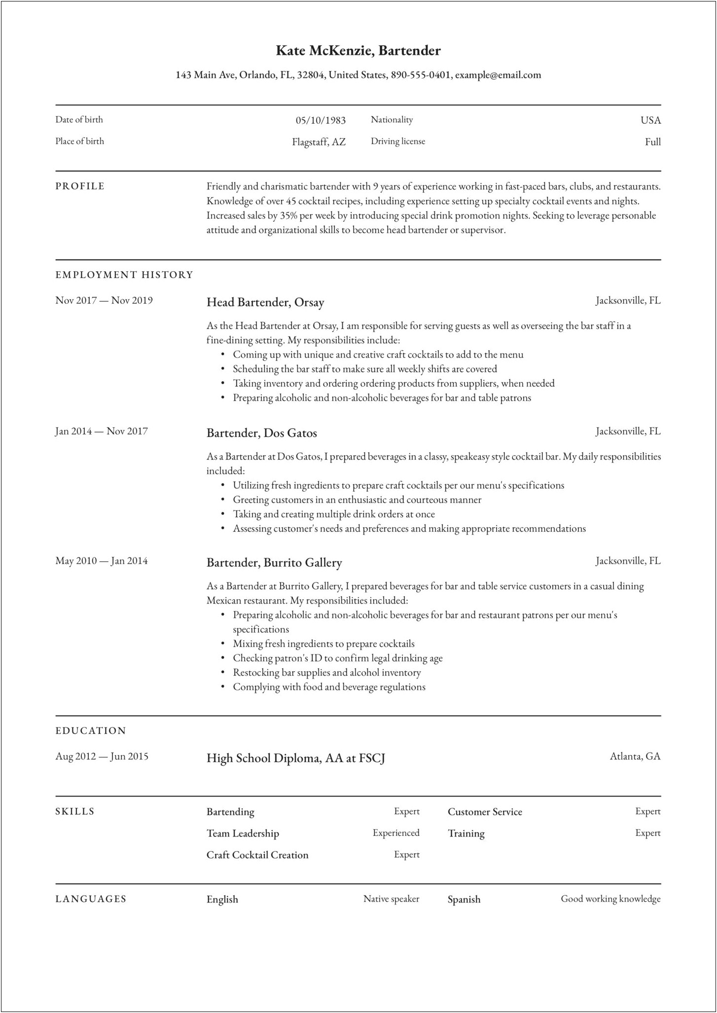 Examples Of Bartending Resumes With No Experience