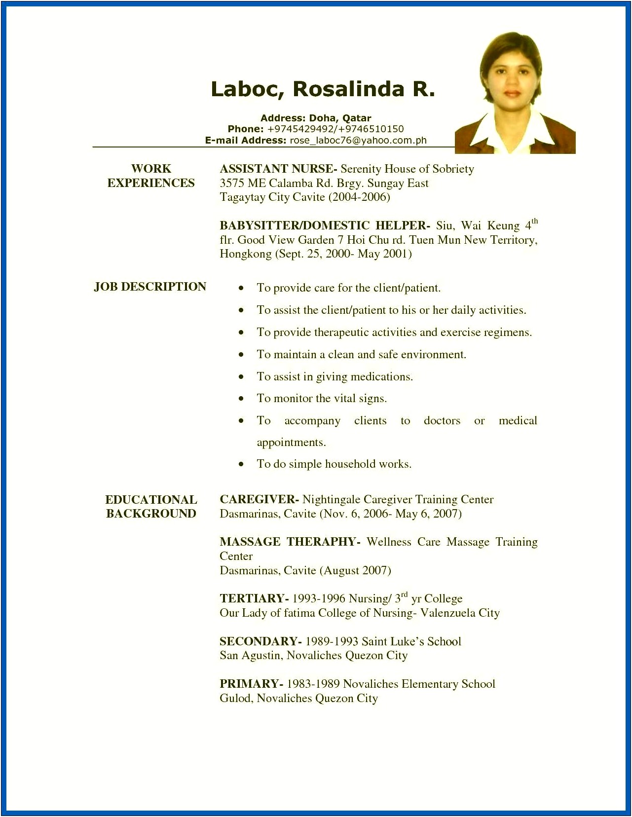 Examples Of Care Giver Subjects For A Resume