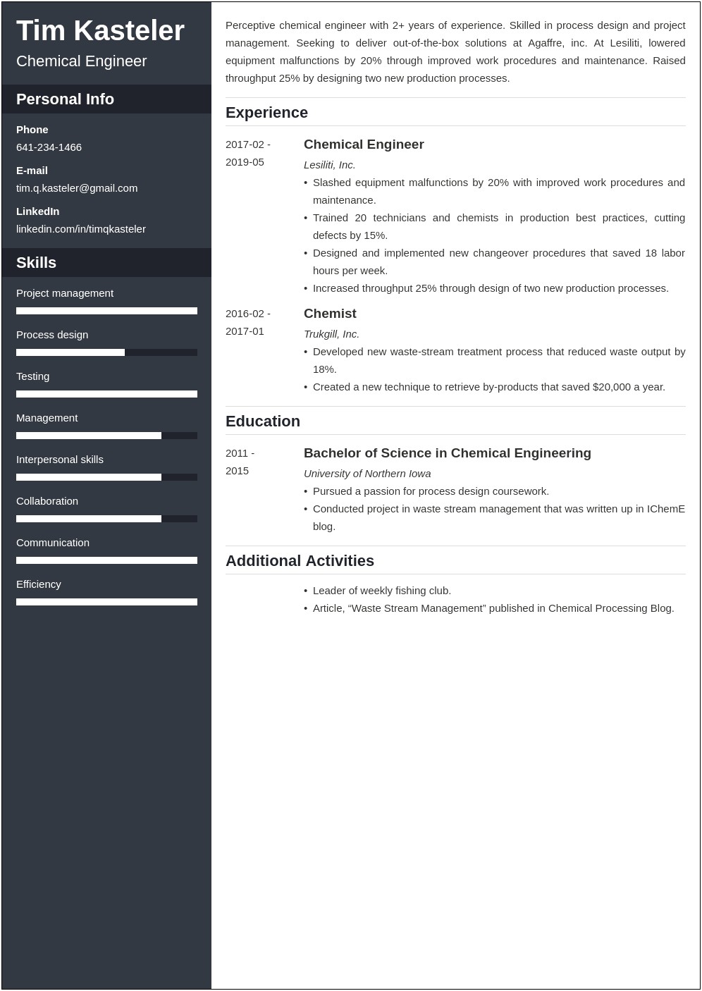 Examples Of Chemical Engineering Resume