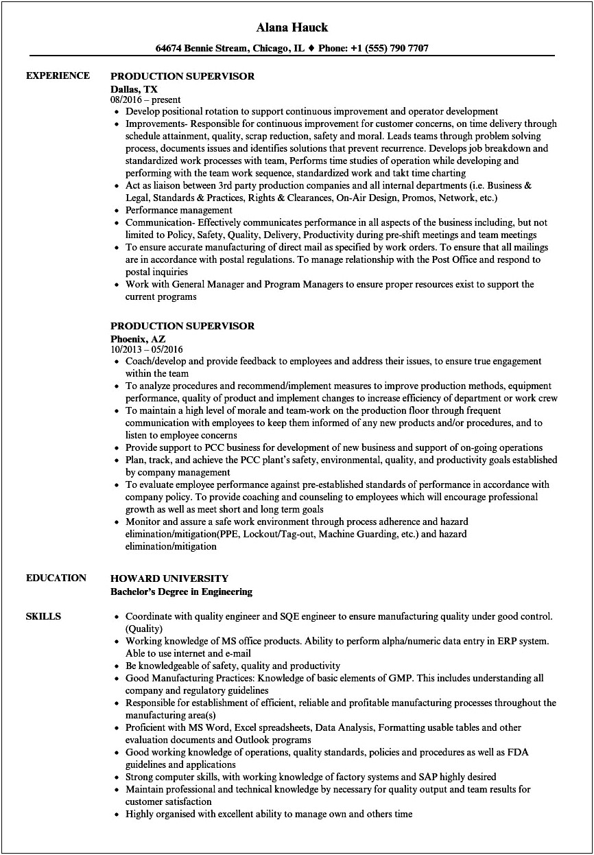 Examples Of Chronological Resumes For Production Supervisor