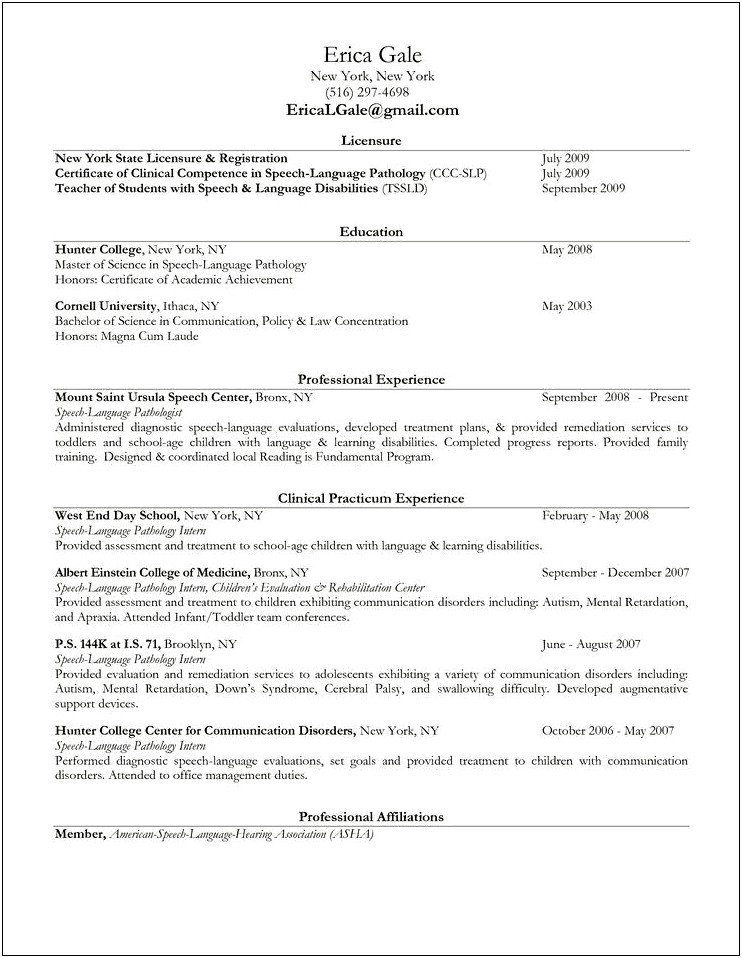 Examples Of Clinical Externship Resume For Speech Pathology