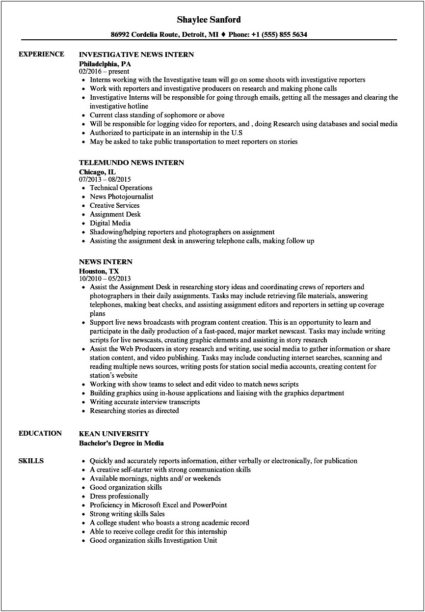 Examples Of College Intern Resumes