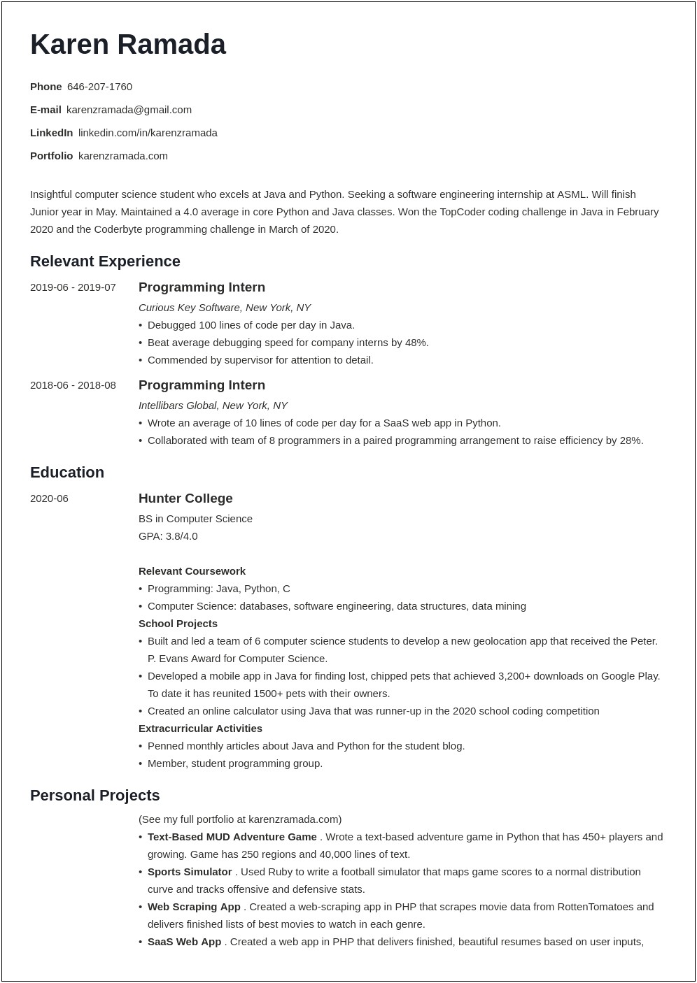 Examples Of Computer Science Sophmore Resumes