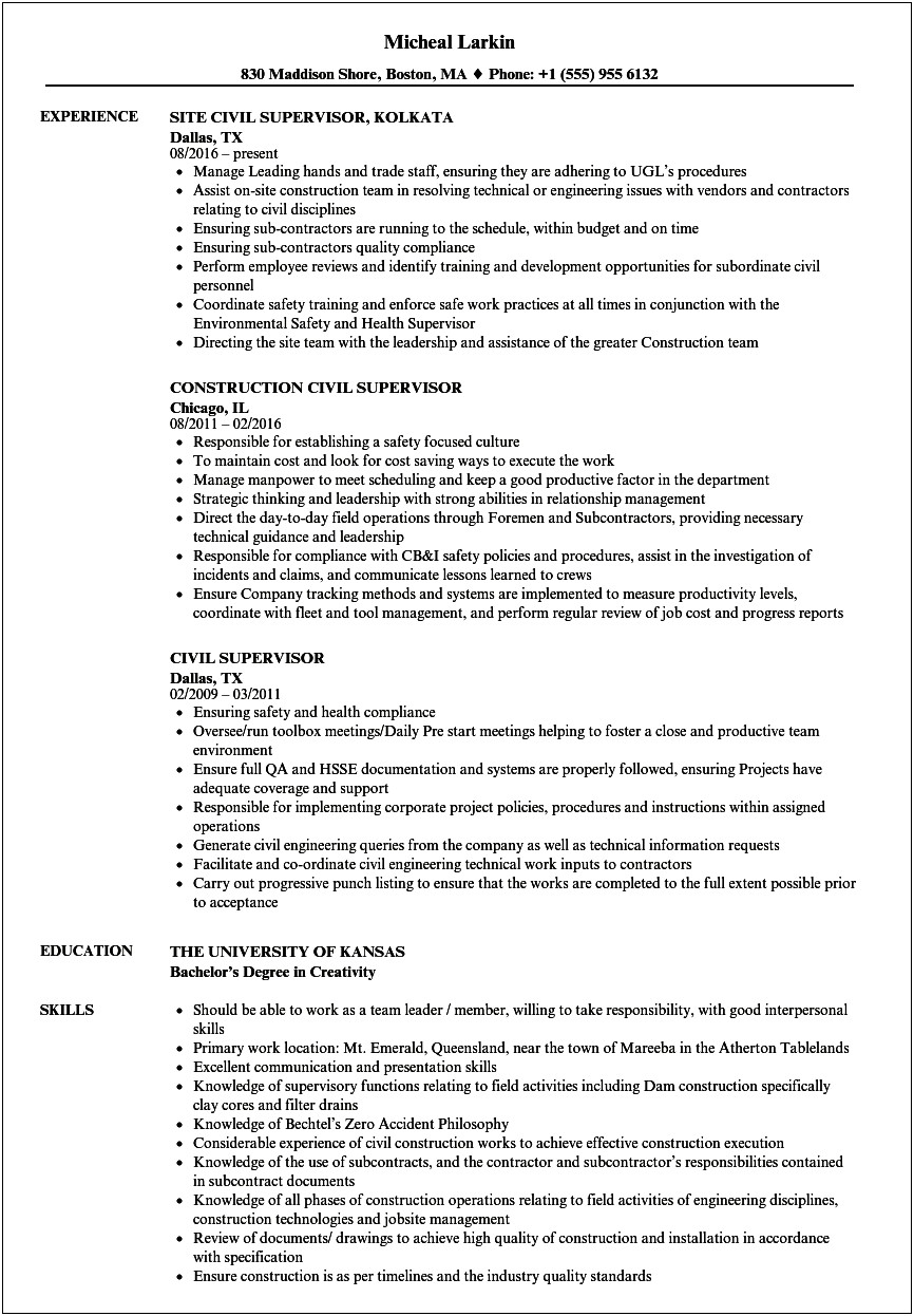 Examples Of Construction Foreman Resumes