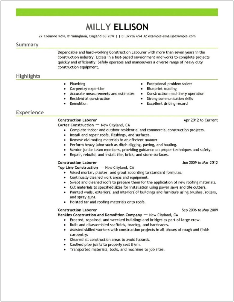 Examples Of Construction Laborer Resume