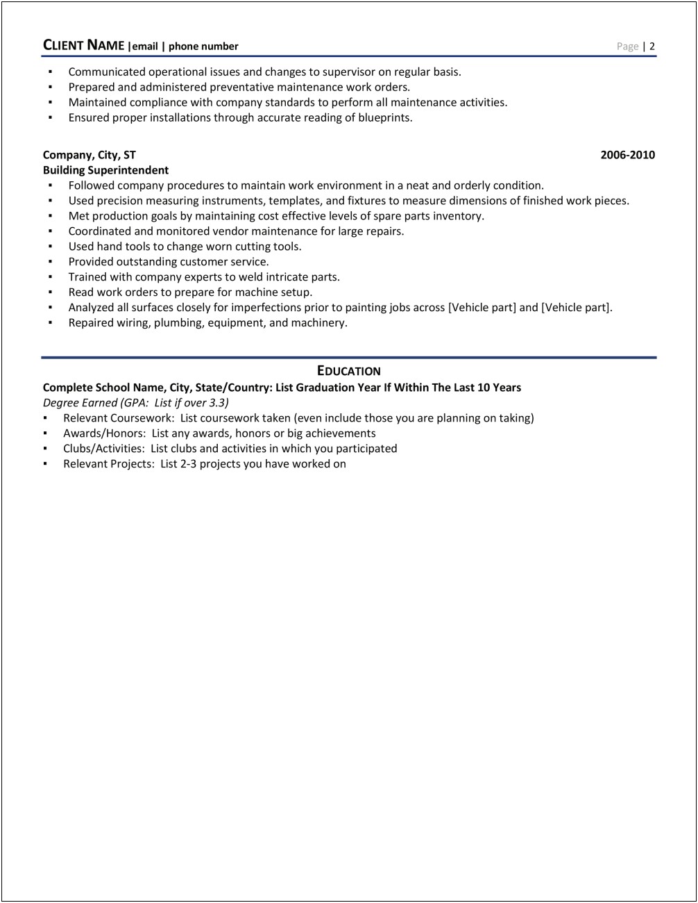 Examples Of Construction Superintendent Resume