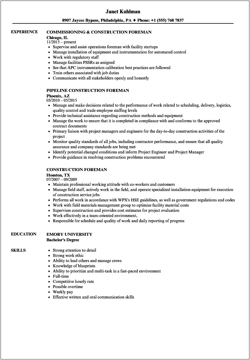 Examples Of Construction Supervisor Resumes