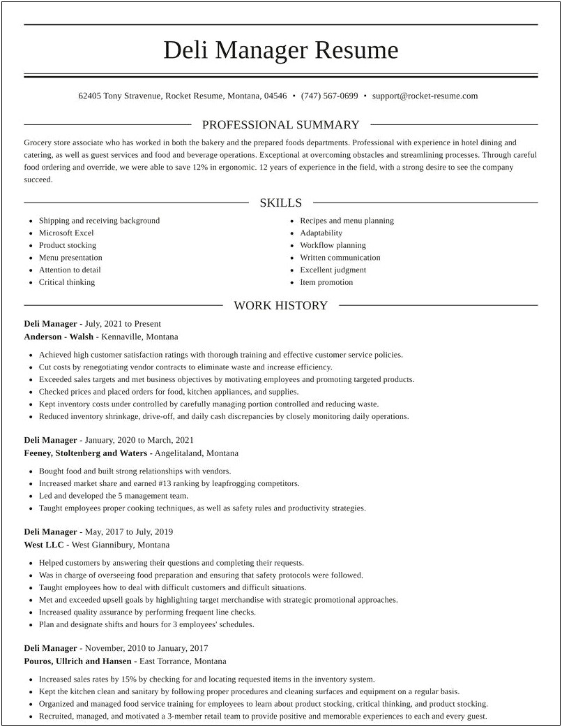 Examples Of Deli Manager Resumes
