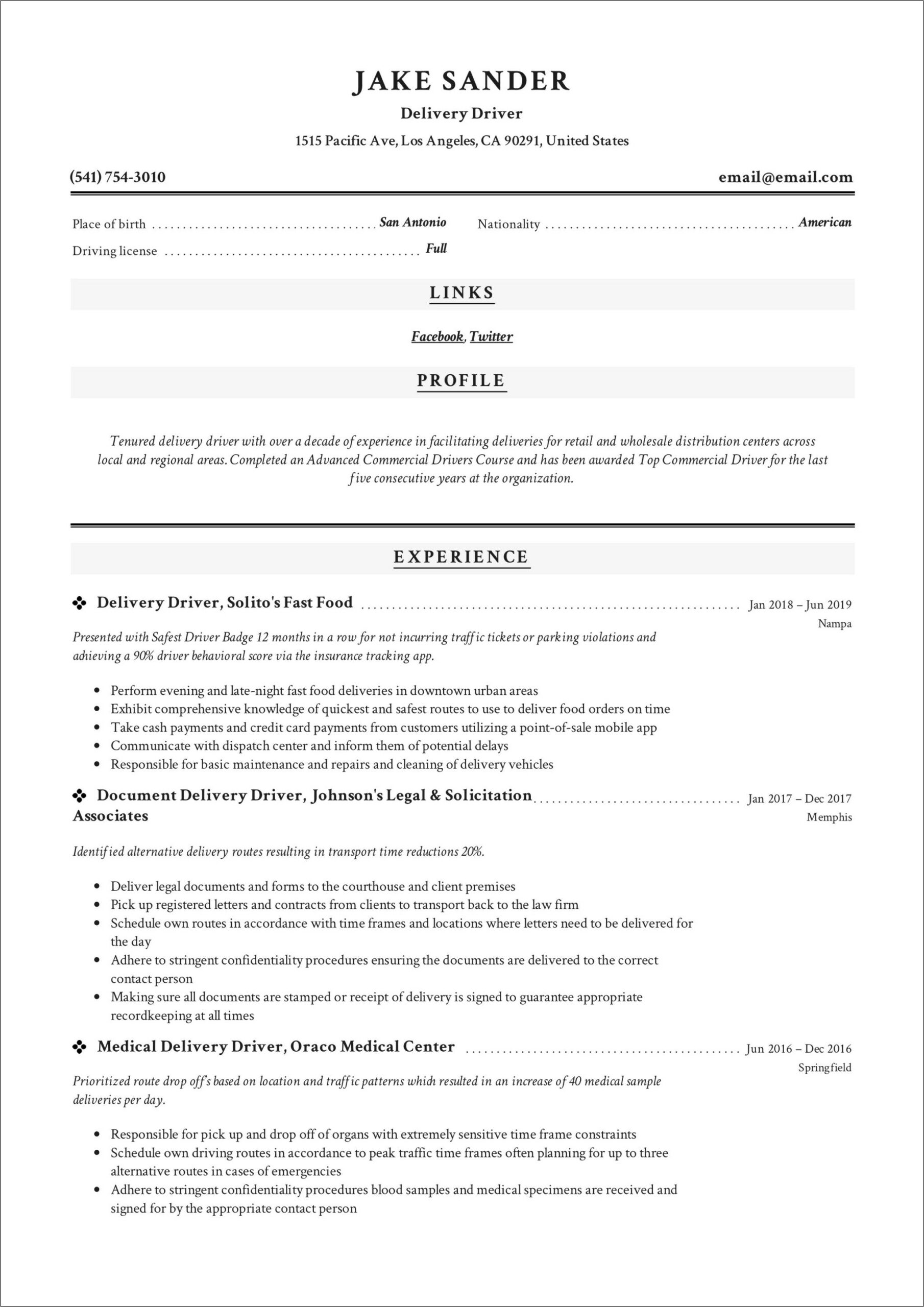 Examples Of Delivery Driver Resumes