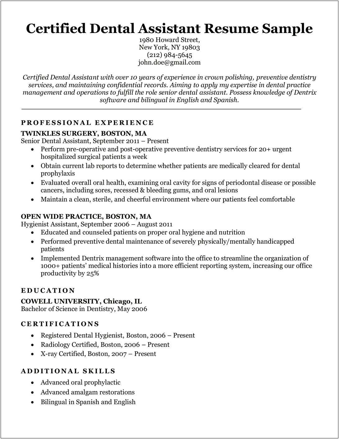 Examples Of Dental Assistant Resumes For A Job