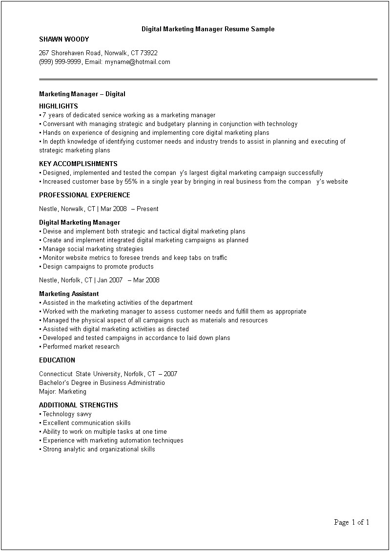 Examples Of Digital Markter Resume