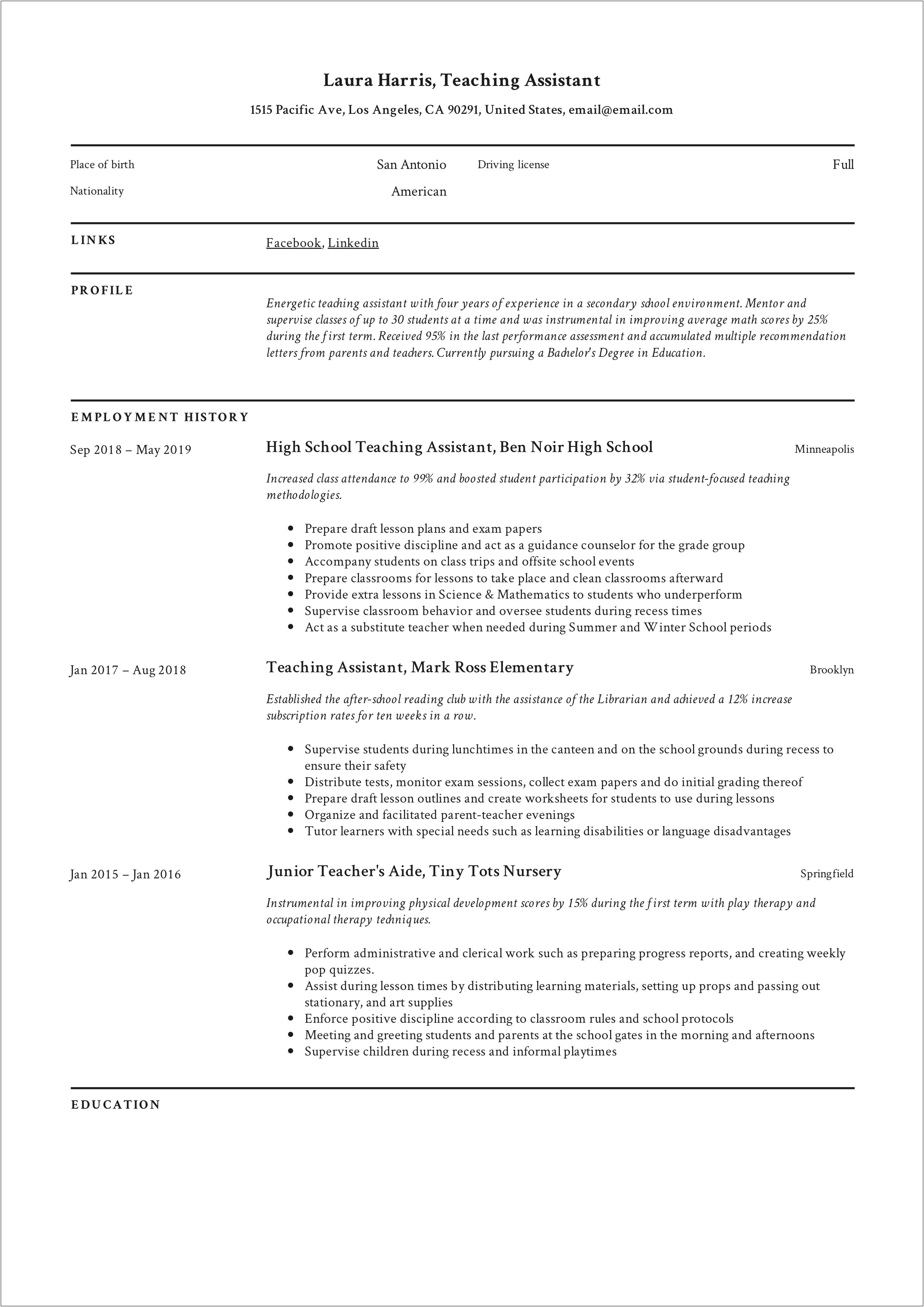 Examples Of Education Support Resume