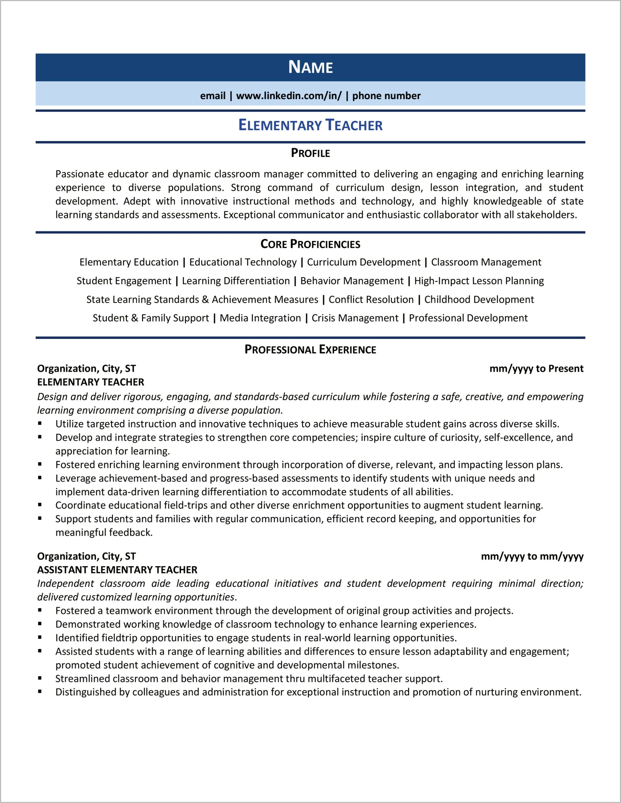 Examples Of Elementary Education Resumes
