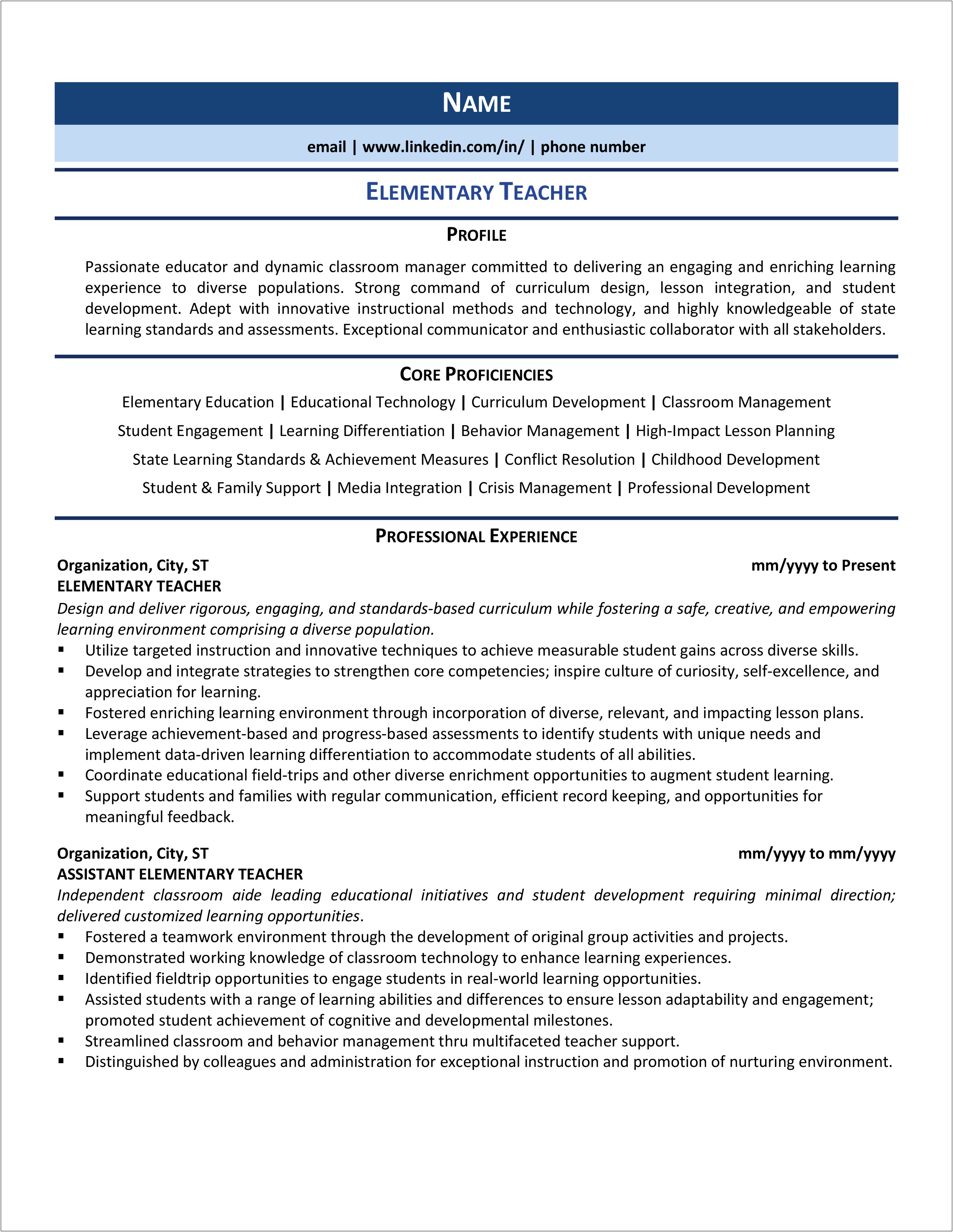 Examples Of Elementary Education Resumes
