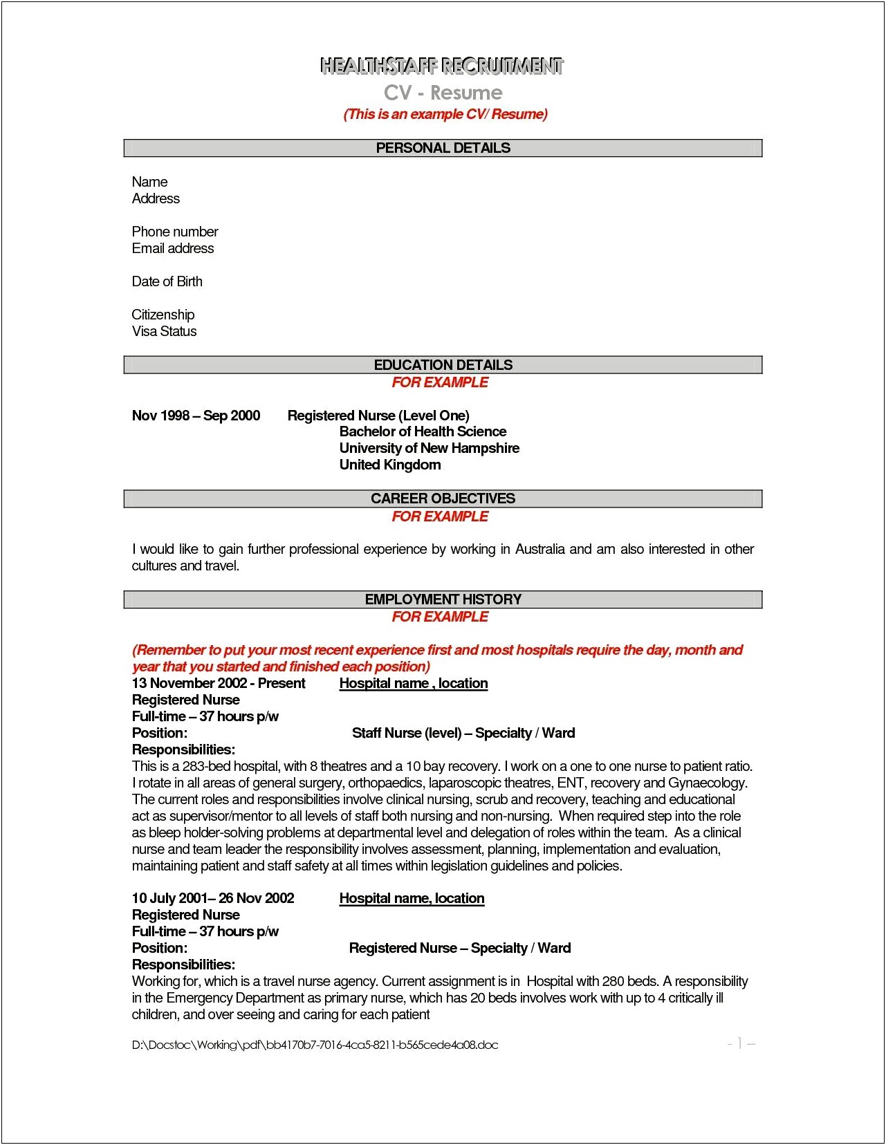 Examples Of Employment Objectives For Resume