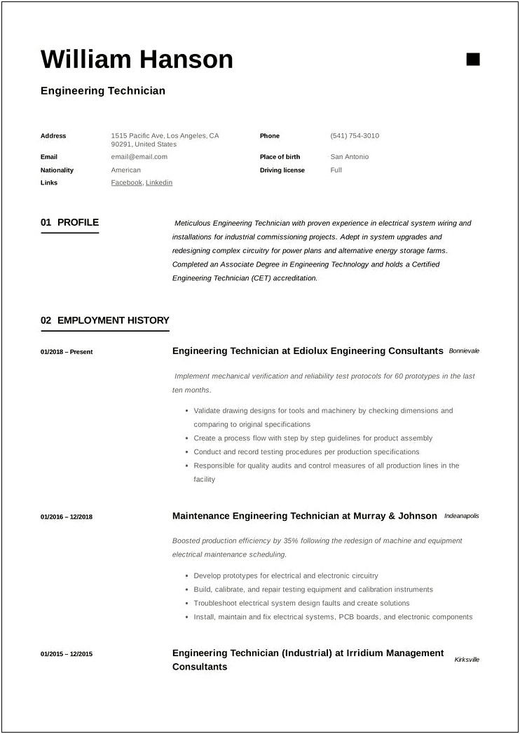 Examples Of Engineering Technician Resumes
