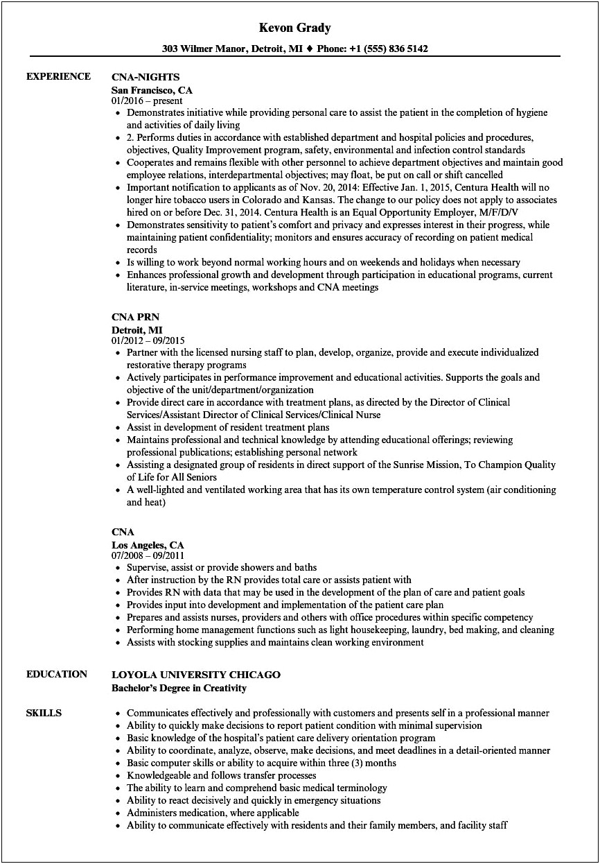 Examples Of Entry Level Cna Resumes