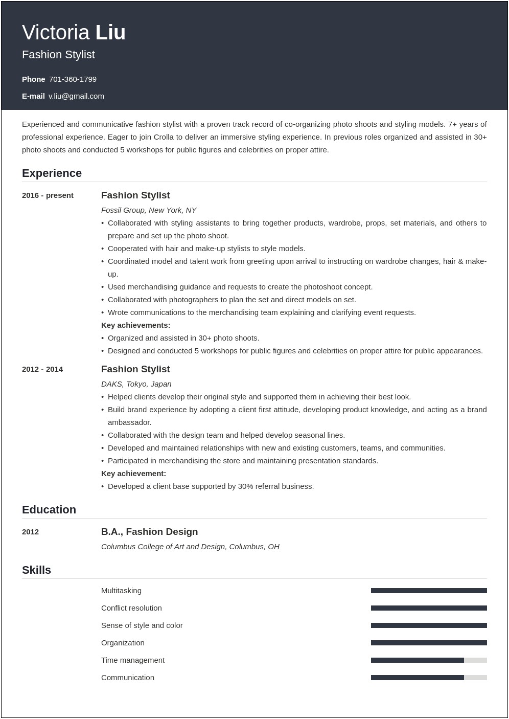 Examples Of Fashion Resume Experience